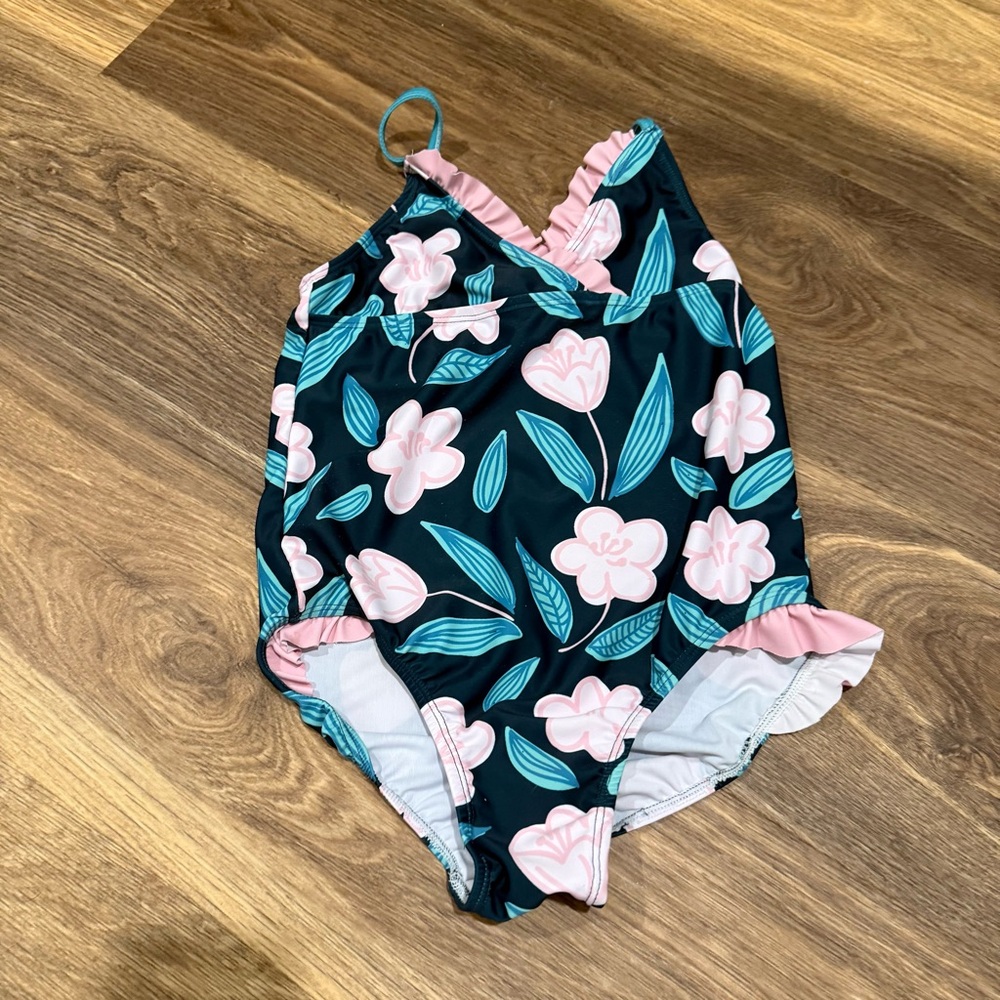 Penelope Plumm Floral Kids Swimwear in Deep Green and Pink Size 12